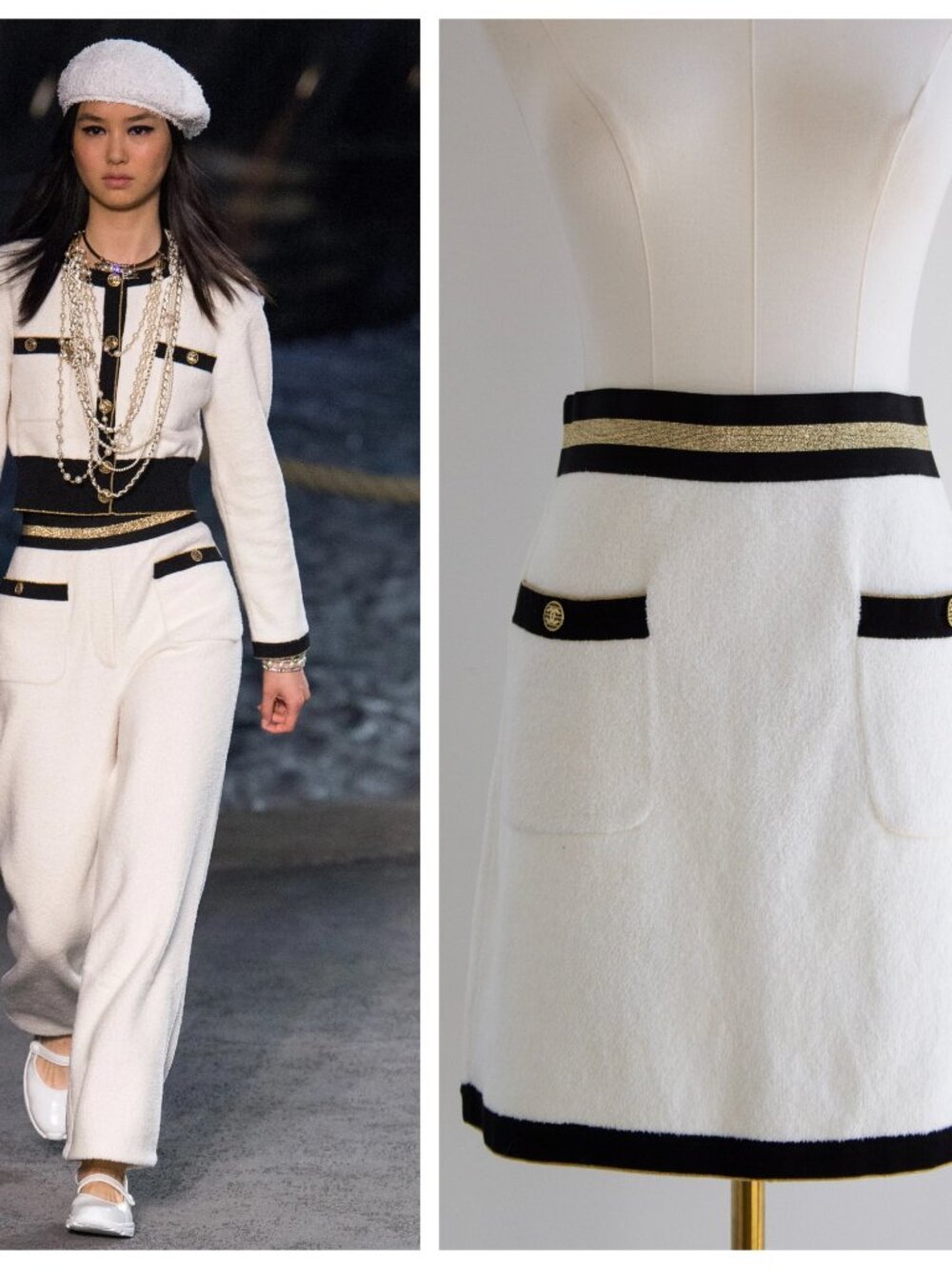 Chanel Cruise 2019 White Black Gold Terrycloth 19C Mini Skirt